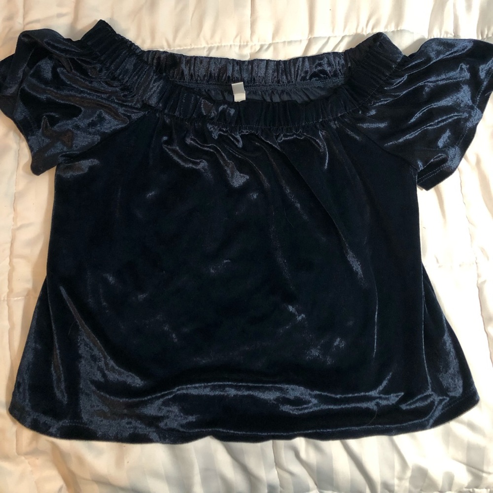 Blue velvet over the shoulder blouse